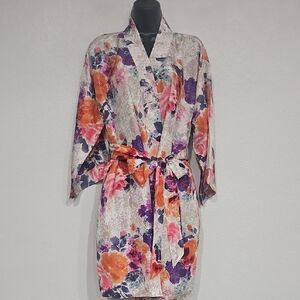 Pinkerton | Women's Elegant English Rose Floral Silk Loungewear Kimono Robe Sz M